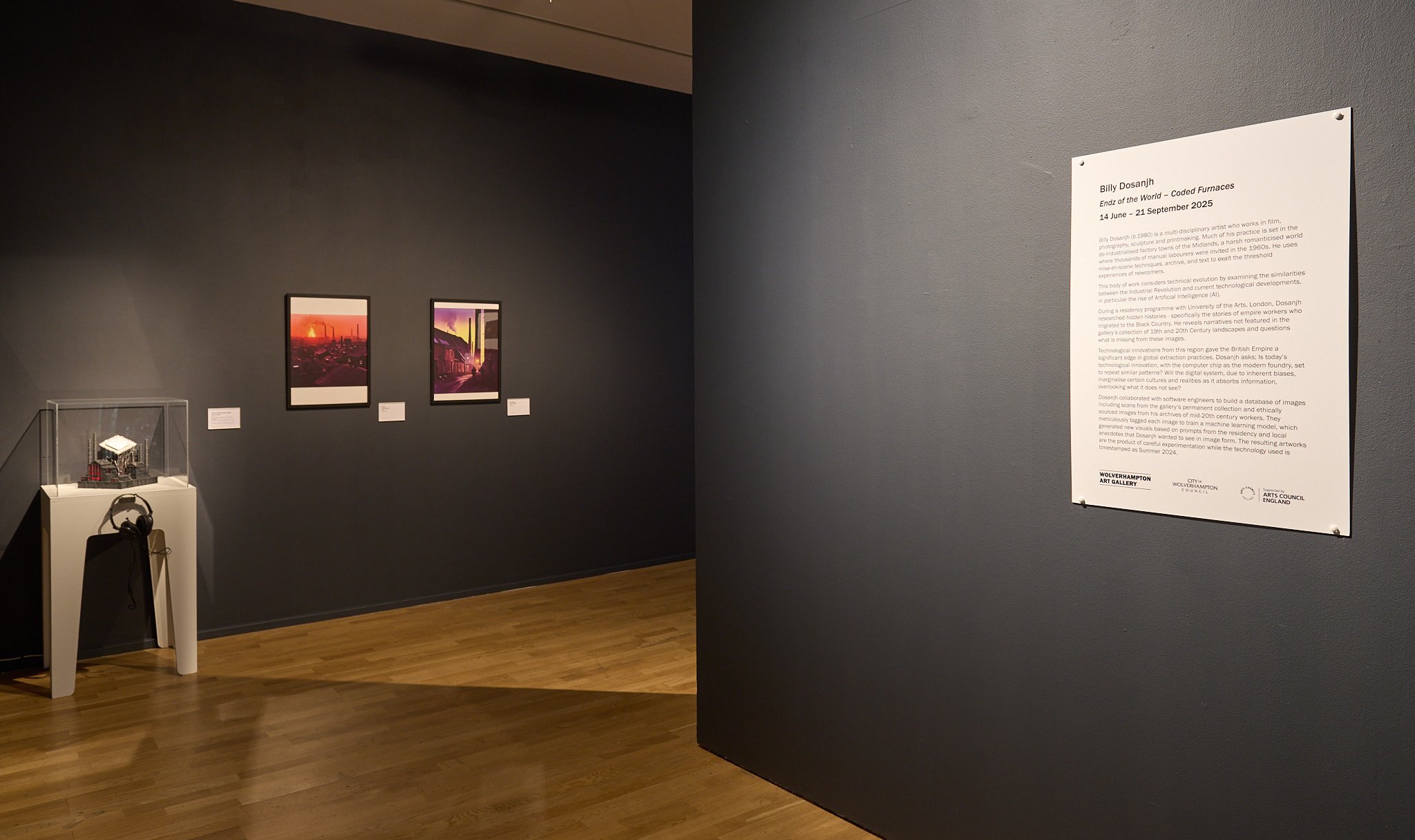 Endz of the World installation — Coded Furnaces sculpture, AI prints, and exhibition text at Wolverhampton Art Gallery