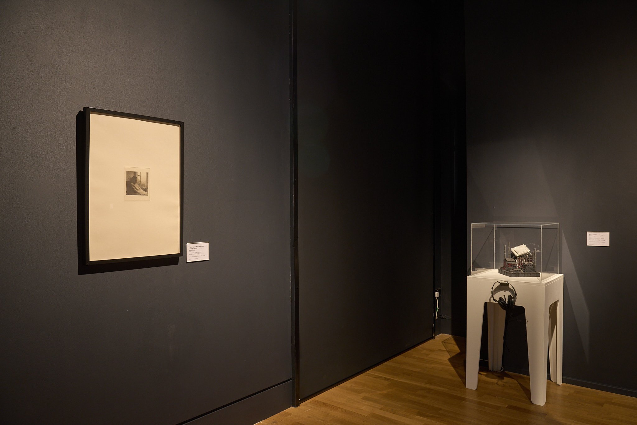 Flop H-100 E: Neural Surge — sculpture with etching in gallery context