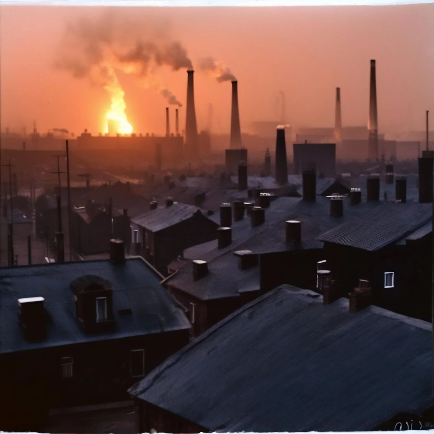 Endz of the World: industrial rooftops at dusk, furnace glow.