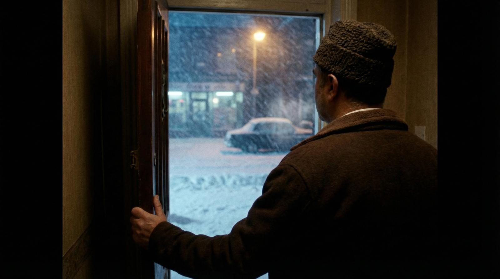 Film still from Canto II: After the Storms — a man stands in a doorway watching snow fall on a Walsall street.