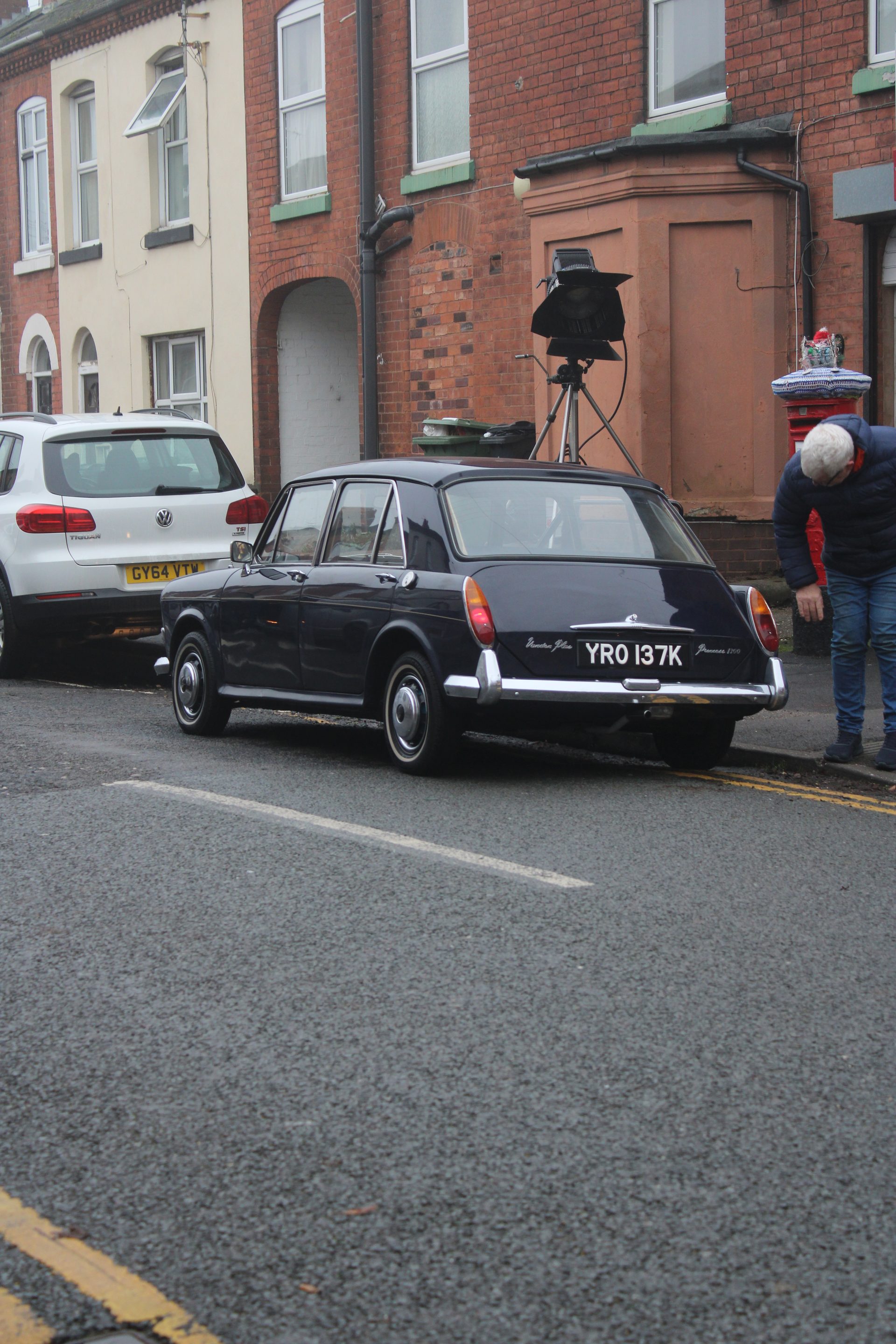 Period vintage car positioned on set